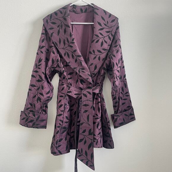 Mycra Pac Jacket Purple Velvet Floral Collared Belted Raincoat S/M Opera Collar - Picture 1 of 7